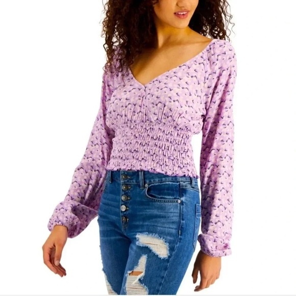 Self Esteem Tops - Purple Floral Surplice Smocked-Hem Top